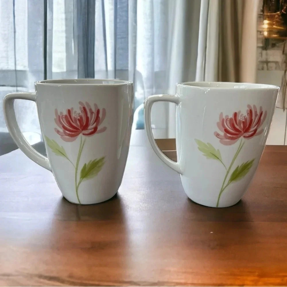 Corning Corelle Coordinates Porcelain Coffee Mugs Set of 2 “Summer Mums” 4.5”